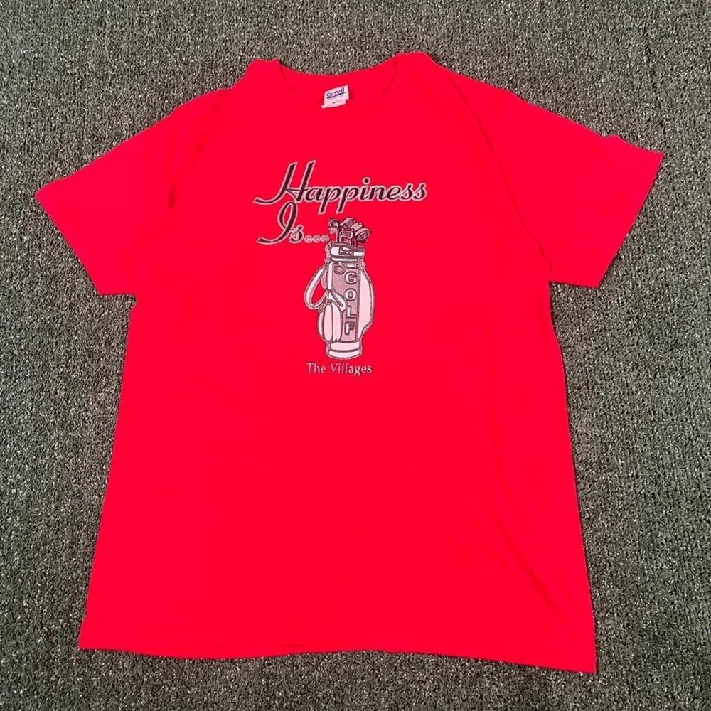 Anvil The Villages Golf Graphic Tee Red Mens Size M Happiness Is Golf Bag Shirt